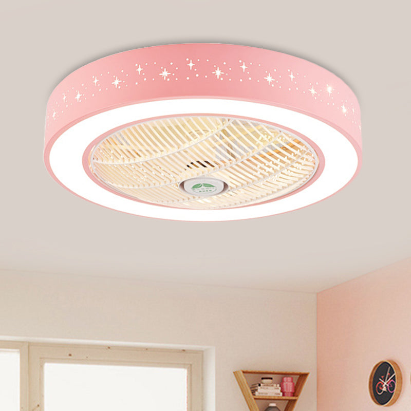 Drum Acrylic Semi Flush Mounted Lighting Kids Bedroom 7 Blades LED Ceiling Fan Lamp Fixture in Pink/Blue/White, 23.5" W Pink Clearhalo 'Ceiling Fans with Lights' 'Ceiling Fans' 'Kids Ceiling Fans' 'Kids' Lighting' 398411