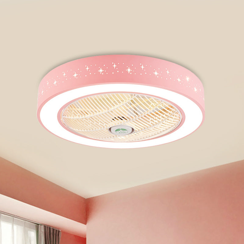 Drum Acrylic Semi Flush Mounted Lighting Kids Bedroom 7 Blades LED Ceiling Fan Lamp Fixture in Pink/Blue/White, 23.5" W Clearhalo 'Ceiling Fans with Lights' 'Ceiling Fans' 'Kids Ceiling Fans' 'Kids' Lighting' 398412