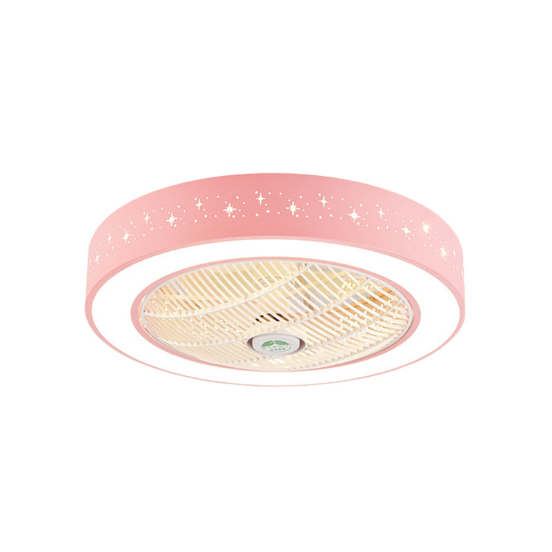 Drum Acrylic Semi Flush Mounted Lighting Kids Bedroom 7 Blades LED Ceiling Fan Lamp Fixture in Pink/Blue/White, 23.5" W Clearhalo 'Ceiling Fans with Lights' 'Ceiling Fans' 'Kids Ceiling Fans' 'Kids' Lighting' 398413