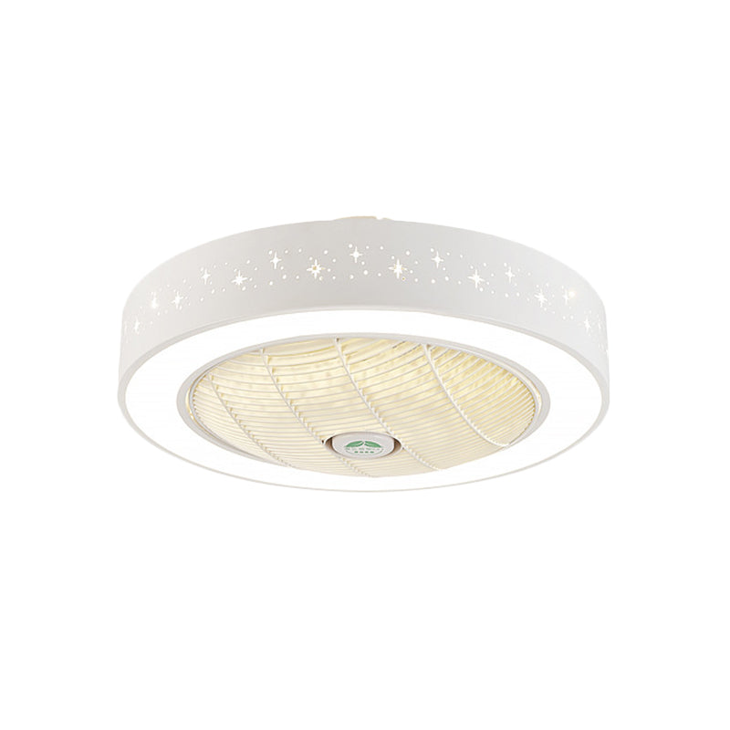 Drum Acrylic Semi Flush Mounted Lighting Kids Bedroom 7 Blades LED Ceiling Fan Lamp Fixture in Pink/Blue/White, 23.5" W Clearhalo 'Ceiling Fans with Lights' 'Ceiling Fans' 'Kids Ceiling Fans' 'Kids' Lighting' 398417