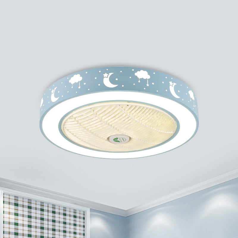 21.5" Wide LED Pendant Fan Light Modernism Living Room Semi Flush Mount with Drum Acrylic Shade in Pink/Blue/White Blue Clearhalo 'Ceiling Fans with Lights' 'Ceiling Fans' 'Kids Ceiling Fans' 'Kids' Lighting' 398419