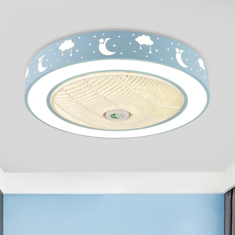 21.5" Wide LED Pendant Fan Light Modernism Living Room Semi Flush Mount with Drum Acrylic Shade in Pink/Blue/White Clearhalo 'Ceiling Fans with Lights' 'Ceiling Fans' 'Kids Ceiling Fans' 'Kids' Lighting' 398420