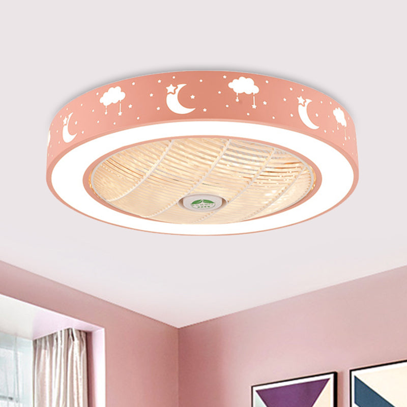 21.5" Wide LED Pendant Fan Light Modernism Living Room Semi Flush Mount with Drum Acrylic Shade in Pink/Blue/White Pink Clearhalo 'Ceiling Fans with Lights' 'Ceiling Fans' 'Kids Ceiling Fans' 'Kids' Lighting' 398424