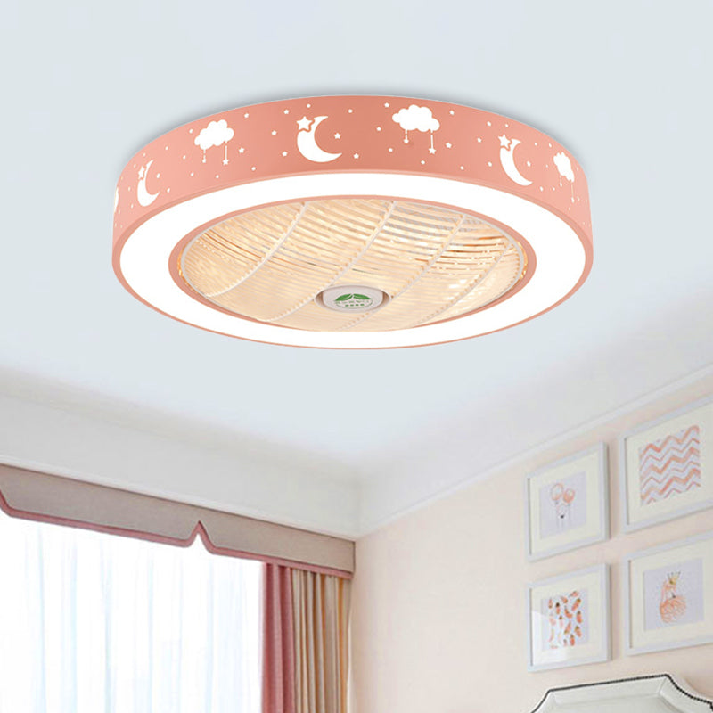 21.5" Wide LED Pendant Fan Light Modernism Living Room Semi Flush Mount with Drum Acrylic Shade in Pink/Blue/White Clearhalo 'Ceiling Fans with Lights' 'Ceiling Fans' 'Kids Ceiling Fans' 'Kids' Lighting' 398425
