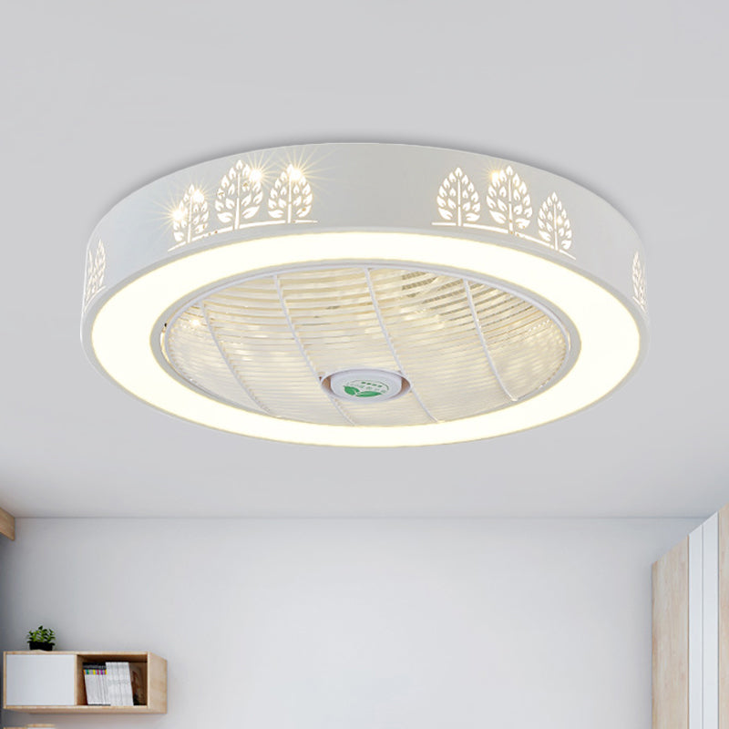 21.5" Wide LED Pendant Fan Light Modernism Living Room Semi Flush Mount with Drum Acrylic Shade in Pink/Blue/White White Clearhalo 'Ceiling Fans with Lights' 'Ceiling Fans' 'Kids Ceiling Fans' 'Kids' Lighting' 398428