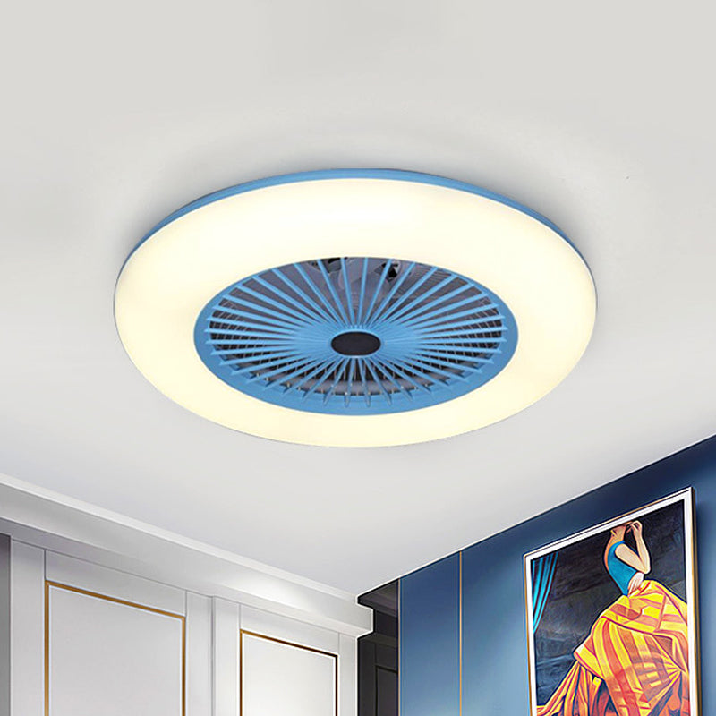 Pink/Blue LED Semi Flush Mount Light Fixture Modern Acrylic Circle 5 Blades Hanging Fan Lamp for Bedroom, 21.5" Wide Clearhalo 'Ceiling Fans with Lights' 'Ceiling Fans' 'Kids Ceiling Fans' 'Kids' Lighting' 398442