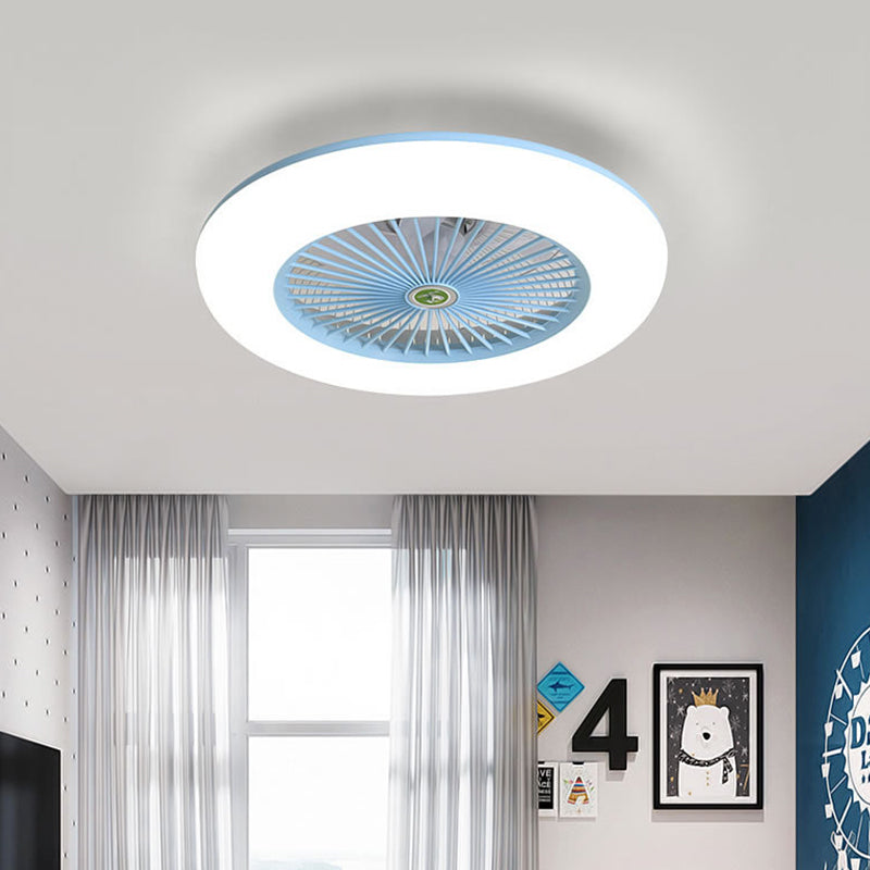 Pink/Blue LED Semi Flush Mount Light Fixture Modern Acrylic Circle 5 Blades Hanging Fan Lamp for Bedroom, 21.5" Wide Clearhalo 'Ceiling Fans with Lights' 'Ceiling Fans' 'Kids Ceiling Fans' 'Kids' Lighting' 398443