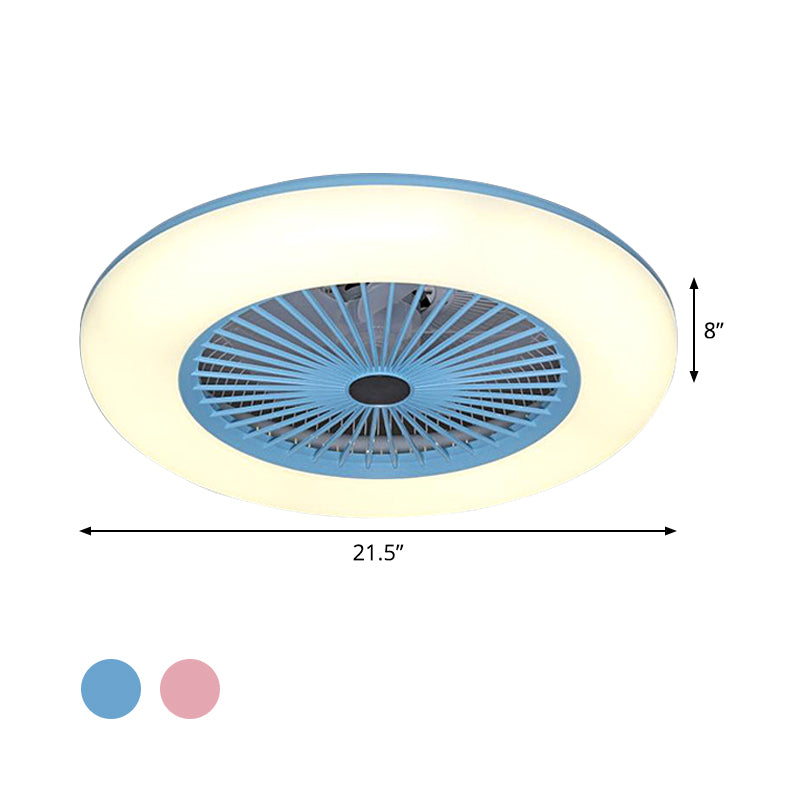 Pink/Blue LED Semi Flush Mount Light Fixture Modern Acrylic Circle 5 Blades Hanging Fan Lamp for Bedroom, 21.5" Wide Clearhalo 'Ceiling Fans with Lights' 'Ceiling Fans' 'Kids Ceiling Fans' 'Kids' Lighting' 398445