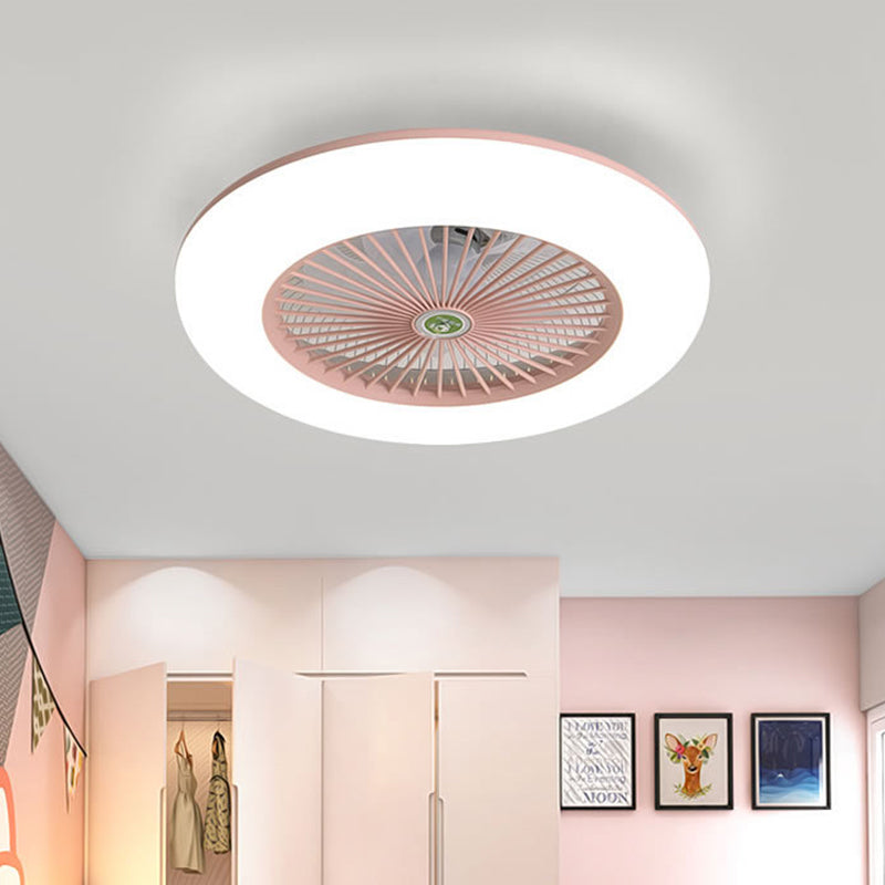 Pink/Blue LED Semi Flush Mount Light Fixture Modern Acrylic Circle 5 Blades Hanging Fan Lamp for Bedroom, 21.5" Wide Clearhalo 'Ceiling Fans with Lights' 'Ceiling Fans' 'Kids Ceiling Fans' 'Kids' Lighting' 398447
