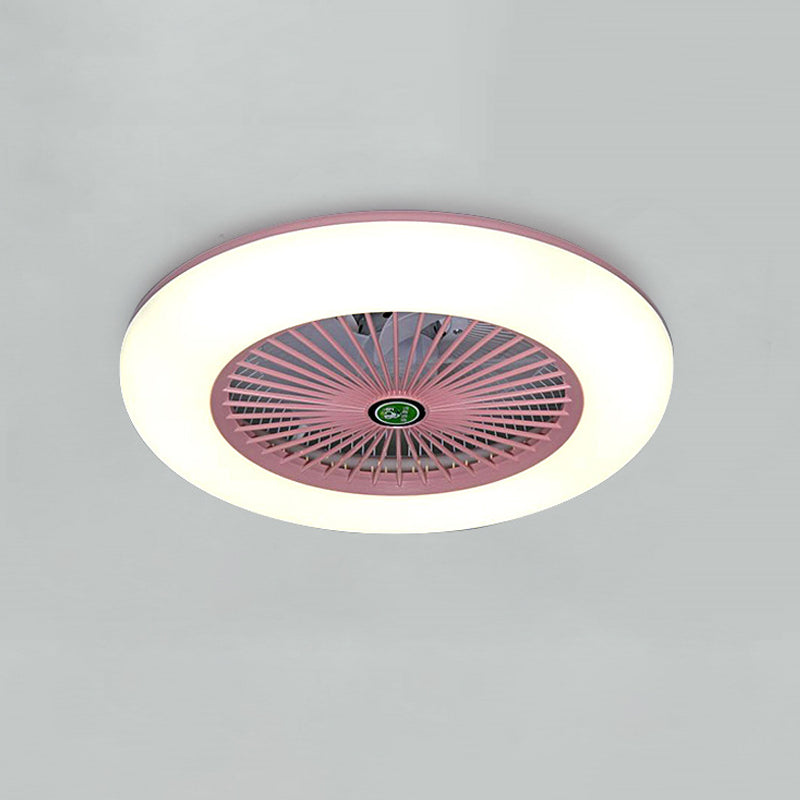 Pink/Blue LED Semi Flush Mount Light Fixture Modern Acrylic Circle 5 Blades Hanging Fan Lamp for Bedroom, 21.5" Wide Clearhalo 'Ceiling Fans with Lights' 'Ceiling Fans' 'Kids Ceiling Fans' 'Kids' Lighting' 398449