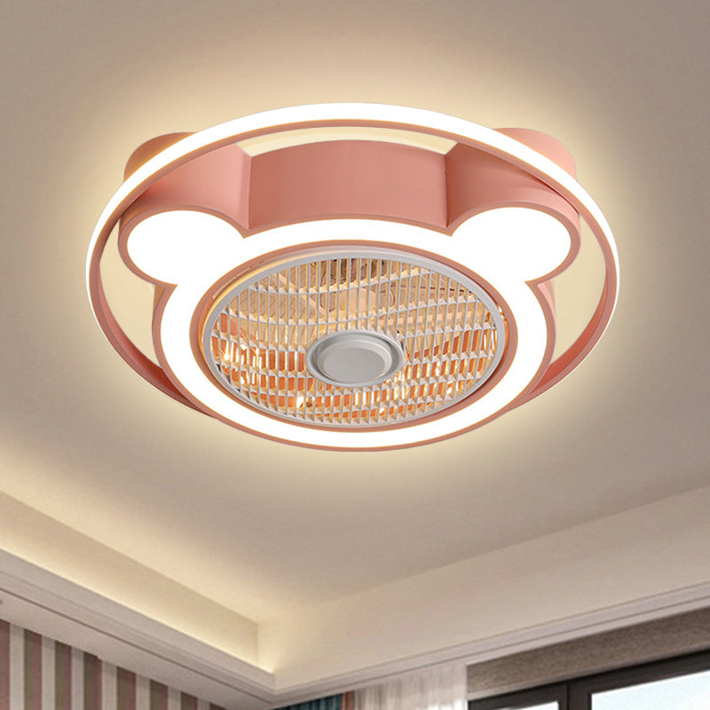 Modernism Bear Head Pendant Fan Lamp 21.5" Wide LED Acrylic Semi Flush Mounted Light in Pink/Blue with Ring Pink Clearhalo 'Ceiling Fans with Lights' 'Ceiling Fans' 'Kids Ceiling Fans' 'Kids' Lighting' 398455