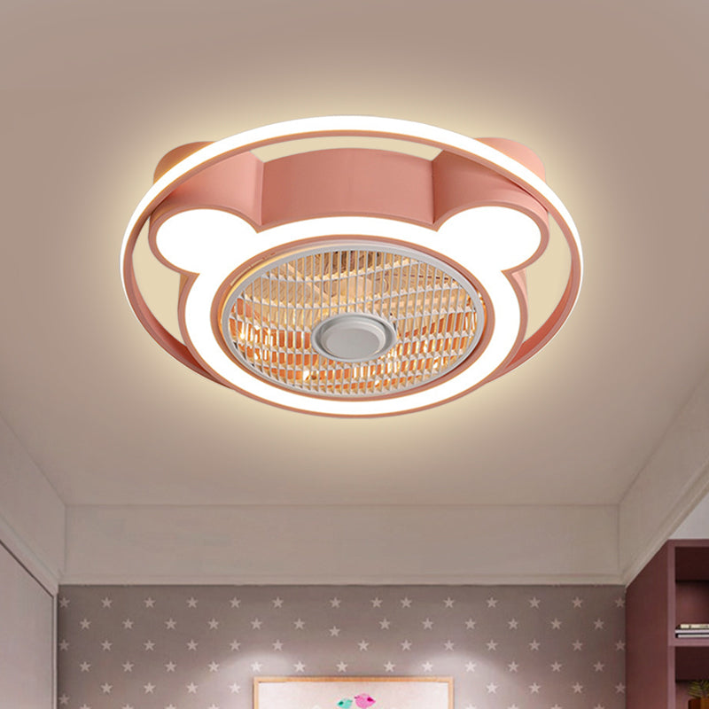 Modernism Bear Head Pendant Fan Lamp 21.5" Wide LED Acrylic Semi Flush Mounted Light in Pink/Blue with Ring Clearhalo 'Ceiling Fans with Lights' 'Ceiling Fans' 'Kids Ceiling Fans' 'Kids' Lighting' 398456
