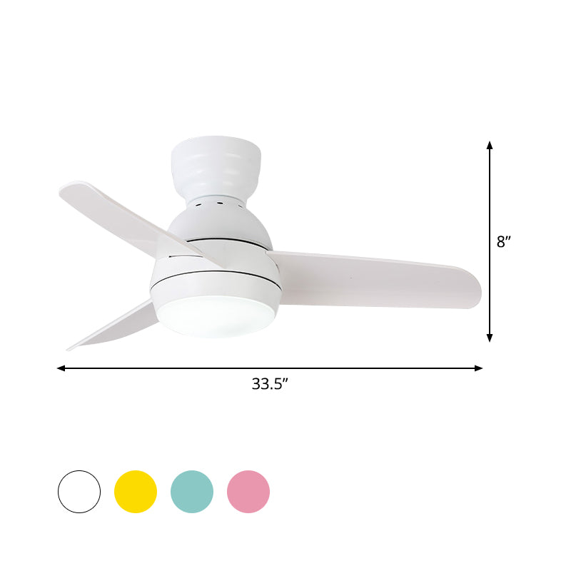 33.5" W LED Ceiling Fan Light Kids Dome Metal Semi Flushmount in Pink/Green/White with 3 White Plastic Blades, Wall/Remote Control Clearhalo 'Ceiling Fans with Lights' 'Ceiling Fans' 'Kids Ceiling Fans' 'Kids' Lighting' 398487