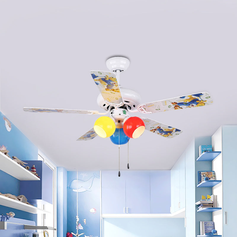 Orb Living Room Semi Flushmount Kids Colorful Glass LED White Hanging Ceiling Fan Light with 5 Blades, 42" W White Clearhalo 'Ceiling Fans with Lights' 'Ceiling Fans' 'Kids Ceiling Fans' 'Kids' Lighting' 398542