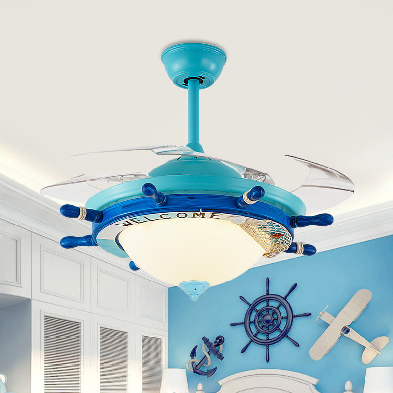 36" W Acrylic Blue Semi Flush Mount Lighting Rudder LED Kids 4 Blades Hanging Ceiling Fan Lamp for Bedroom, Wall/Remote Control Clearhalo 'Ceiling Fans with Lights' 'Ceiling Fans' 'Kids Ceiling Fans' 'Kids' Lighting' 398557