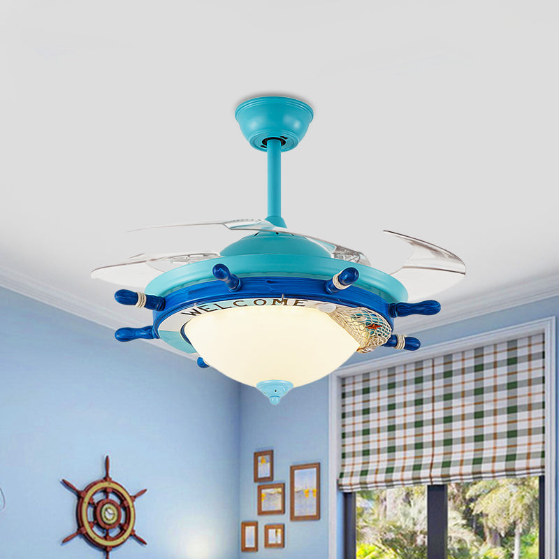 36" W Acrylic Blue Semi Flush Mount Lighting Rudder LED Kids 4 Blades Hanging Ceiling Fan Lamp for Bedroom, Wall/Remote Control Clearhalo 'Ceiling Fans with Lights' 'Ceiling Fans' 'Kids Ceiling Fans' 'Kids' Lighting' 398558