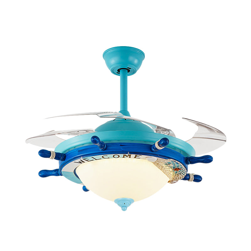 36" W Acrylic Blue Semi Flush Mount Lighting Rudder LED Kids 4 Blades Hanging Ceiling Fan Lamp for Bedroom, Wall/Remote Control Clearhalo 'Ceiling Fans with Lights' 'Ceiling Fans' 'Kids Ceiling Fans' 'Kids' Lighting' 398559