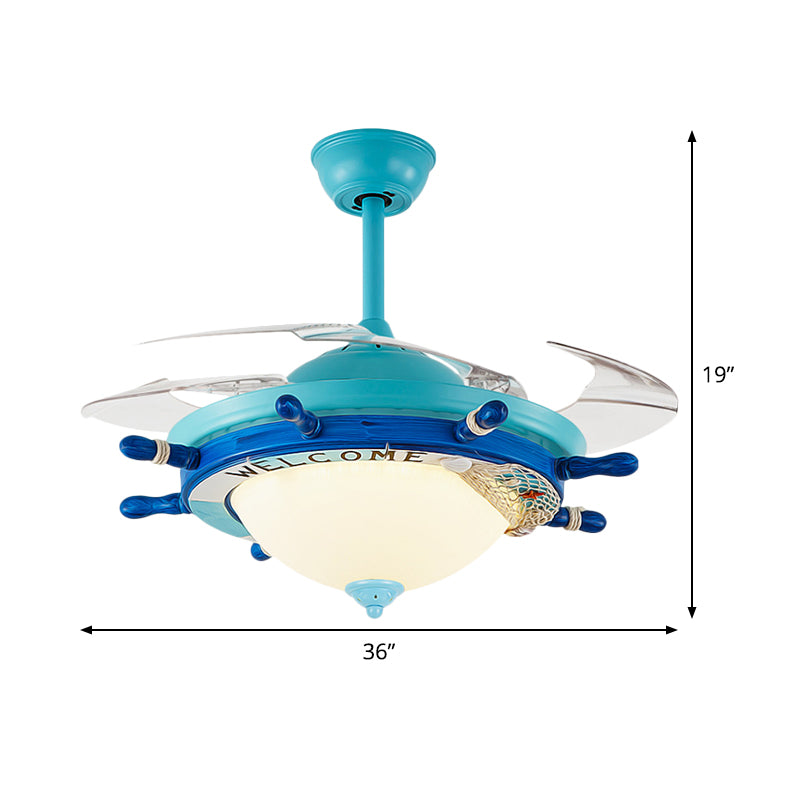36" W Acrylic Blue Semi Flush Mount Lighting Rudder LED Kids 4 Blades Hanging Ceiling Fan Lamp for Bedroom, Wall/Remote Control Clearhalo 'Ceiling Fans with Lights' 'Ceiling Fans' 'Kids Ceiling Fans' 'Kids' Lighting' 398560