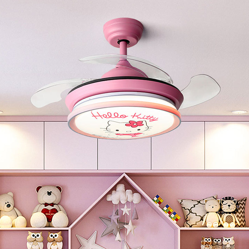 LED Round Pendant Fan Lighting Kids Pink/Blue Acrylic 4 ABS Blades Semi Flushmount, Wall/Remote Control, 36" Wide Pink Clearhalo 'Ceiling Fans with Lights' 'Ceiling Fans' 'Kids Ceiling Fans' 'Kids' Lighting' 398561