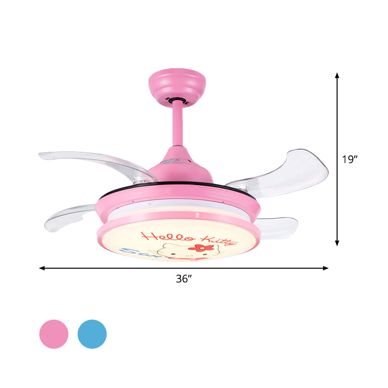 LED Round Pendant Fan Lighting Kids Pink/Blue Acrylic 4 ABS Blades Semi Flushmount, Wall/Remote Control, 36" Wide Clearhalo 'Ceiling Fans with Lights' 'Ceiling Fans' 'Kids Ceiling Fans' 'Kids' Lighting' 398565