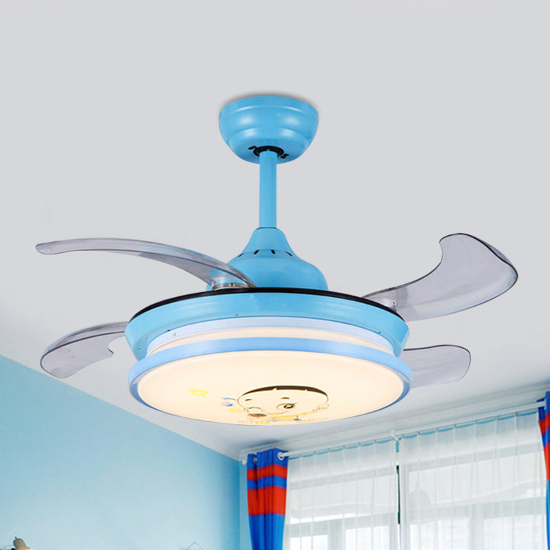 LED Round Pendant Fan Lighting Kids Pink/Blue Acrylic 4 ABS Blades Semi Flushmount, Wall/Remote Control, 36" Wide Blue Clearhalo 'Ceiling Fans with Lights' 'Ceiling Fans' 'Kids Ceiling Fans' 'Kids' Lighting' 398566