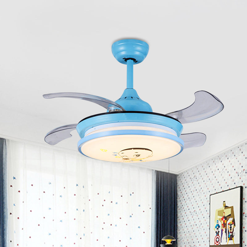 LED Round Pendant Fan Lighting Kids Pink/Blue Acrylic 4 ABS Blades Semi Flushmount, Wall/Remote Control, 36" Wide Clearhalo 'Ceiling Fans with Lights' 'Ceiling Fans' 'Kids Ceiling Fans' 'Kids' Lighting' 398567