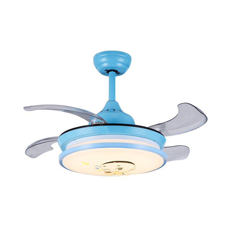 LED Round Pendant Fan Lighting Kids Pink/Blue Acrylic 4 ABS Blades Semi Flushmount, Wall/Remote Control, 36" Wide Clearhalo 'Ceiling Fans with Lights' 'Ceiling Fans' 'Kids Ceiling Fans' 'Kids' Lighting' 398568