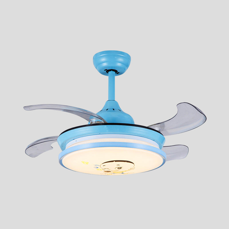 LED Round Pendant Fan Lighting Kids Pink/Blue Acrylic 4 ABS Blades Semi Flushmount, Wall/Remote Control, 36" Wide Clearhalo 'Ceiling Fans with Lights' 'Ceiling Fans' 'Kids Ceiling Fans' 'Kids' Lighting' 398569