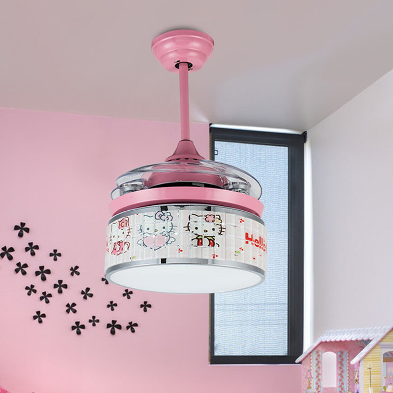 32"/42" Wide LED Hanging Fan Lamp Kids Living Room 4 Blades Semi Flush Light with Drum Acrylic Shade in Pink, Wall/Remote Control Pink 32" Clearhalo 'Ceiling Fans with Lights' 'Ceiling Fans' 'Kids Ceiling Fans' 'Kids' Lighting' 398570