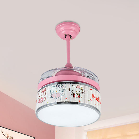 32"/42" Wide LED Hanging Fan Lamp Kids Living Room 4 Blades Semi Flush Light with Drum Acrylic Shade in Pink, Wall/Remote Control Clearhalo 'Ceiling Fans with Lights' 'Ceiling Fans' 'Kids Ceiling Fans' 'Kids' Lighting' 398571