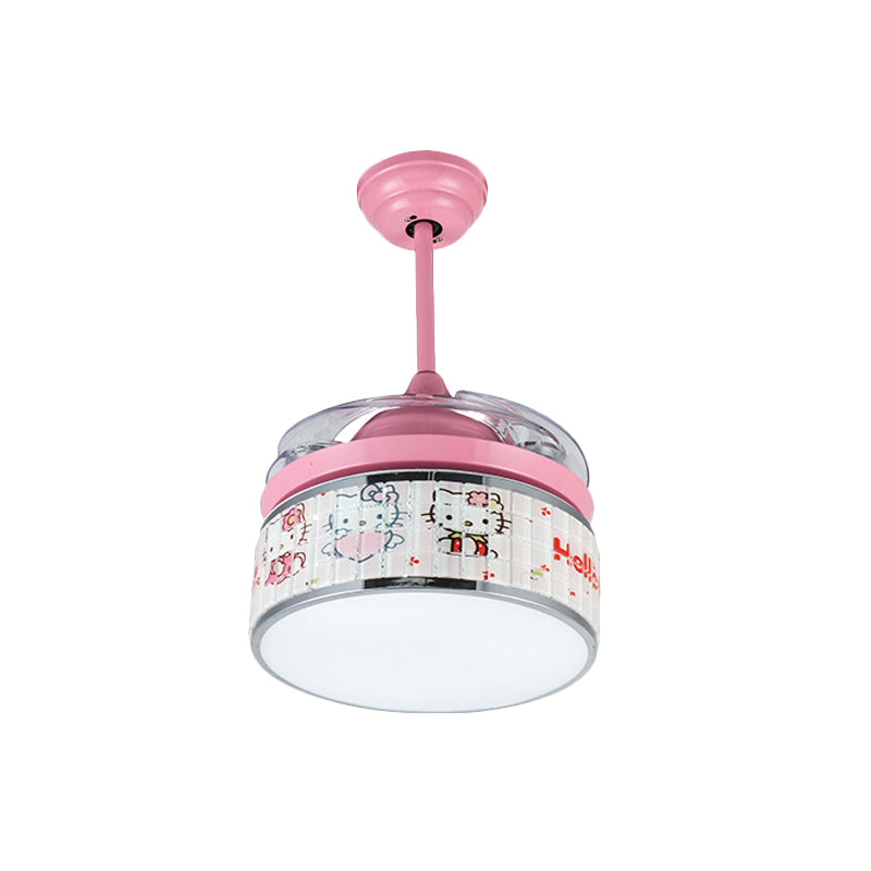32"/42" Wide LED Hanging Fan Lamp Kids Living Room 4 Blades Semi Flush Light with Drum Acrylic Shade in Pink, Wall/Remote Control Clearhalo 'Ceiling Fans with Lights' 'Ceiling Fans' 'Kids Ceiling Fans' 'Kids' Lighting' 398572
