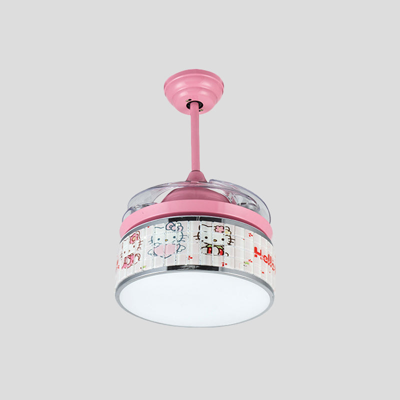 32"/42" Wide LED Hanging Fan Lamp Kids Living Room 4 Blades Semi Flush Light with Drum Acrylic Shade in Pink, Wall/Remote Control Clearhalo 'Ceiling Fans with Lights' 'Ceiling Fans' 'Kids Ceiling Fans' 'Kids' Lighting' 398573