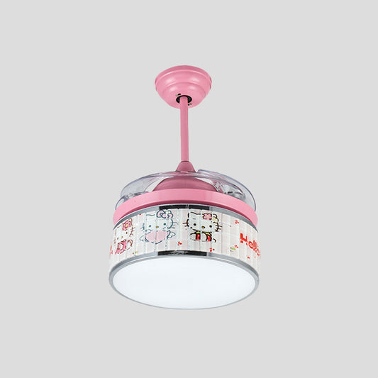 32"/42" Wide LED Hanging Fan Lamp Kids Living Room 4 Blades Semi Flush Light with Drum Acrylic Shade in Pink, Wall/Remote Control Clearhalo 'Ceiling Fans with Lights' 'Ceiling Fans' 'Kids Ceiling Fans' 'Kids' Lighting' 398573