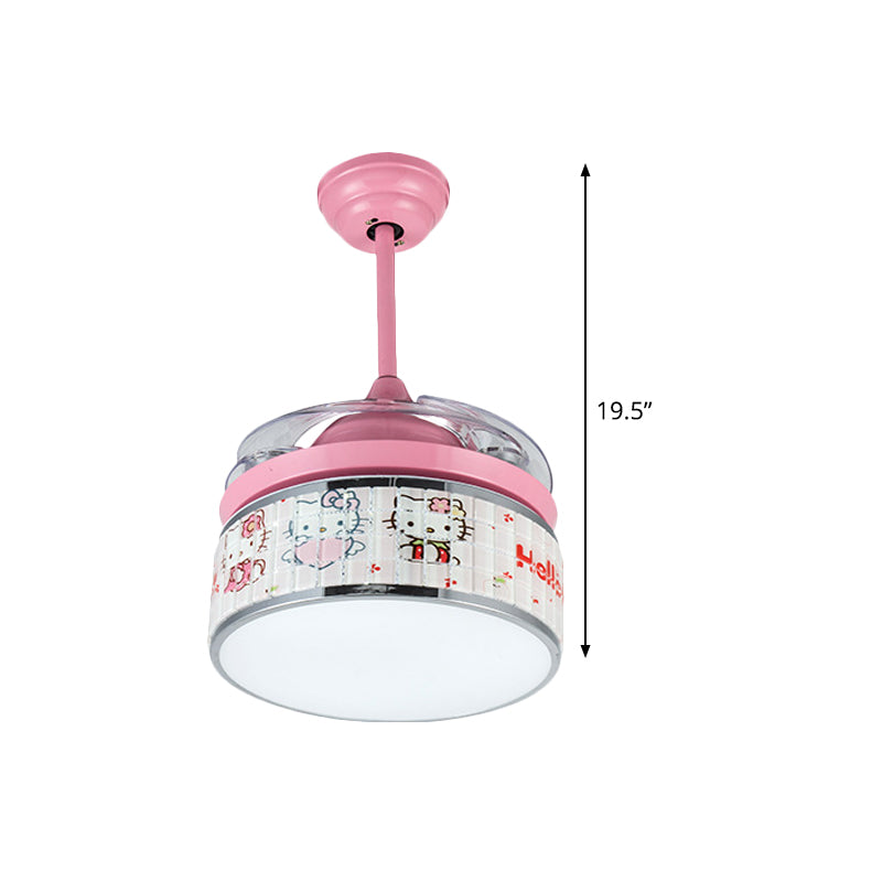 32"/42" Wide LED Hanging Fan Lamp Kids Living Room 4 Blades Semi Flush Light with Drum Acrylic Shade in Pink, Wall/Remote Control Clearhalo 'Ceiling Fans with Lights' 'Ceiling Fans' 'Kids Ceiling Fans' 'Kids' Lighting' 398574