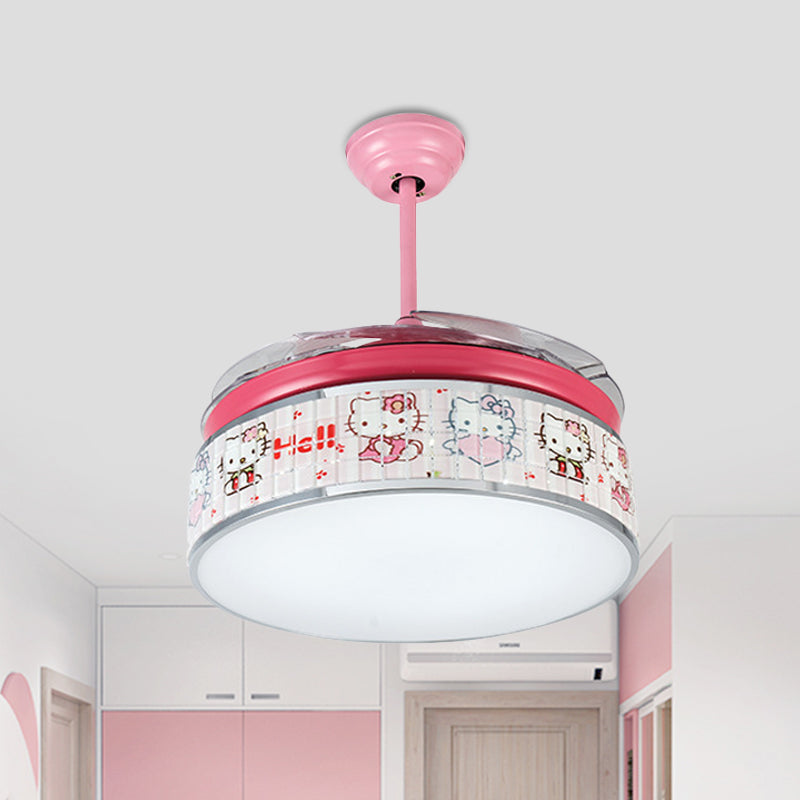 32"/42" Wide LED Hanging Fan Lamp Kids Living Room 4 Blades Semi Flush Light with Drum Acrylic Shade in Pink, Wall/Remote Control Pink 42" Clearhalo 'Ceiling Fans with Lights' 'Ceiling Fans' 'Kids Ceiling Fans' 'Kids' Lighting' 398575