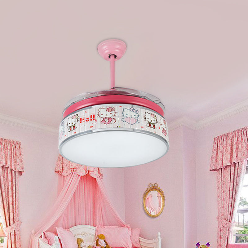 32"/42" Wide LED Hanging Fan Lamp Kids Living Room 4 Blades Semi Flush Light with Drum Acrylic Shade in Pink, Wall/Remote Control Clearhalo 'Ceiling Fans with Lights' 'Ceiling Fans' 'Kids Ceiling Fans' 'Kids' Lighting' 398576