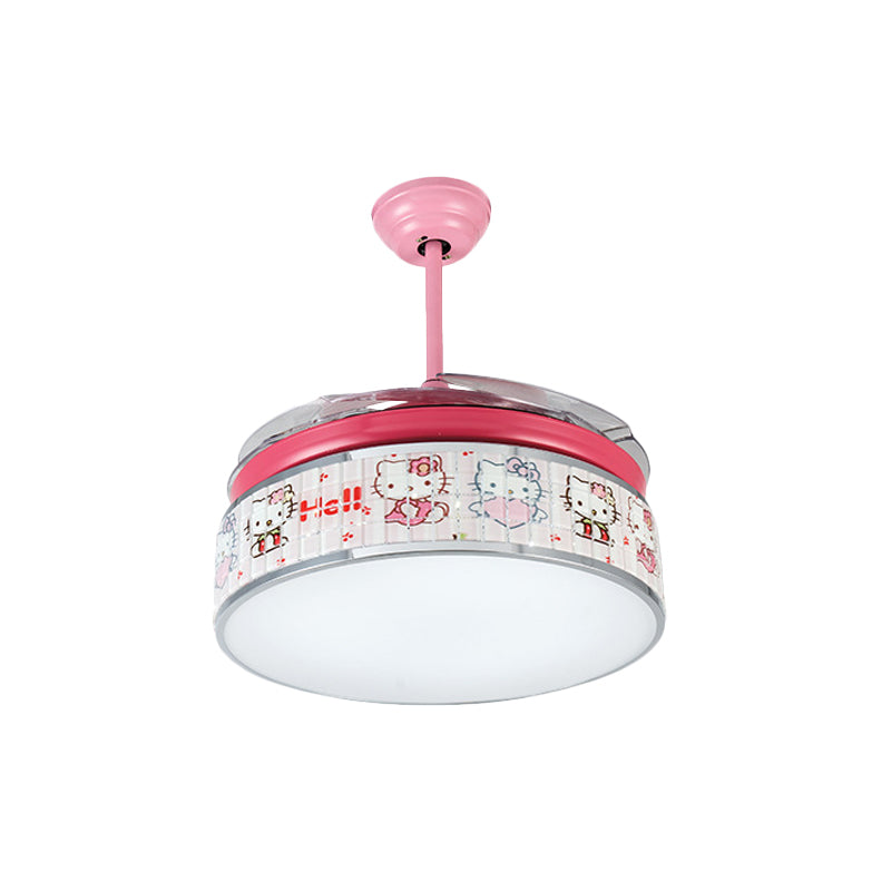32"/42" Wide LED Hanging Fan Lamp Kids Living Room 4 Blades Semi Flush Light with Drum Acrylic Shade in Pink, Wall/Remote Control Clearhalo 'Ceiling Fans with Lights' 'Ceiling Fans' 'Kids Ceiling Fans' 'Kids' Lighting' 398577