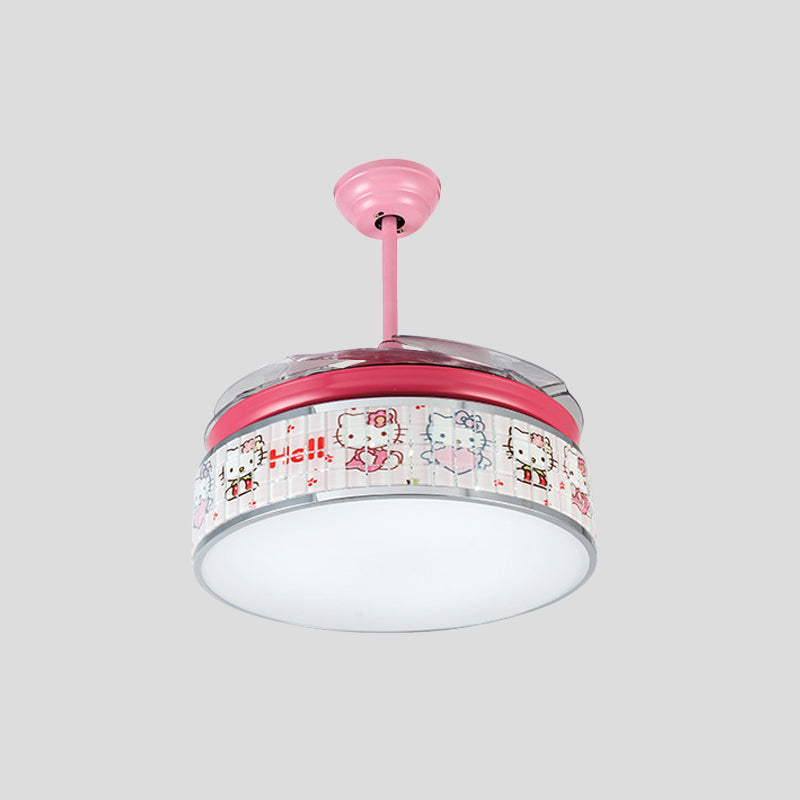 32"/42" Wide LED Hanging Fan Lamp Kids Living Room 4 Blades Semi Flush Light with Drum Acrylic Shade in Pink, Wall/Remote Control Clearhalo 'Ceiling Fans with Lights' 'Ceiling Fans' 'Kids Ceiling Fans' 'Kids' Lighting' 398578