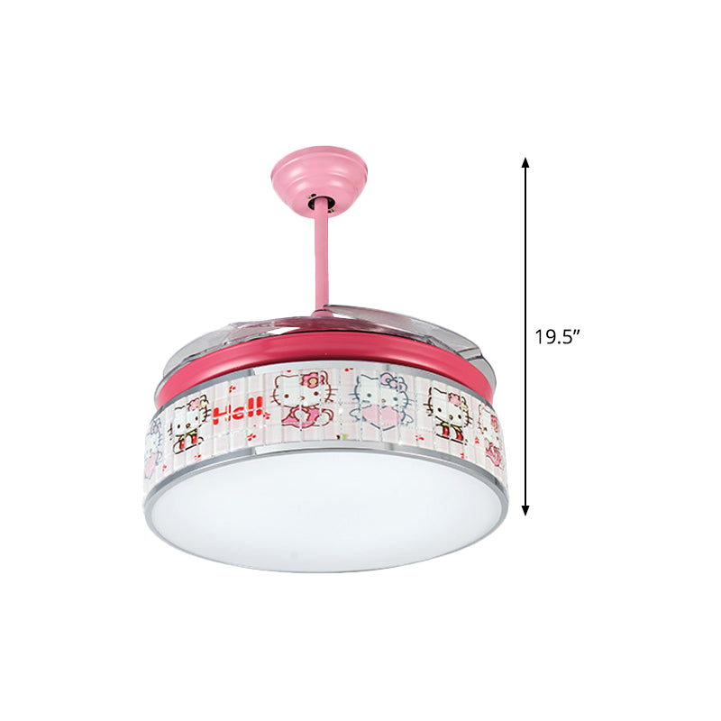32"/42" Wide LED Hanging Fan Lamp Kids Living Room 4 Blades Semi Flush Light with Drum Acrylic Shade in Pink, Wall/Remote Control Clearhalo 'Ceiling Fans with Lights' 'Ceiling Fans' 'Kids Ceiling Fans' 'Kids' Lighting' 398579