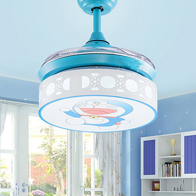35.5" W LED Acrylic Semi Flush Mount Kids Pink/Blue Drum Bedroom 4 Blades Ceiling Fan Light with Wall/Remote Control Clearhalo 'Ceiling Fans with Lights' 'Ceiling Fans' 'Kids Ceiling Fans' 'Kids' Lighting' 398581