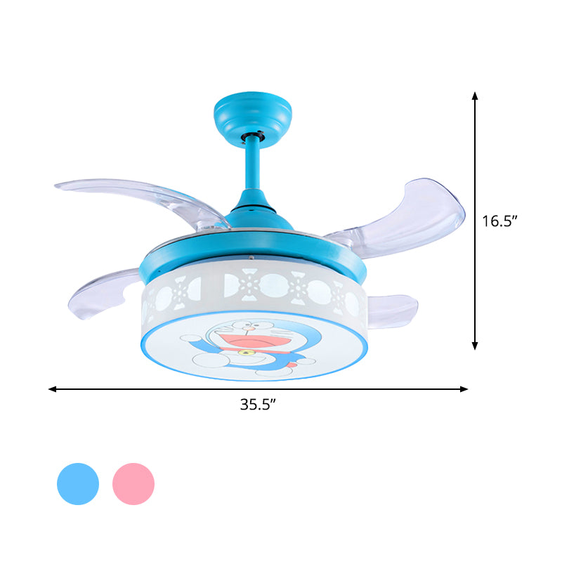 35.5" W LED Acrylic Semi Flush Mount Kids Pink/Blue Drum Bedroom 4 Blades Ceiling Fan Light with Wall/Remote Control Clearhalo 'Ceiling Fans with Lights' 'Ceiling Fans' 'Kids Ceiling Fans' 'Kids' Lighting' 398584