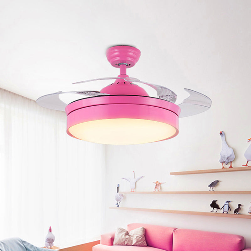Pink Circular Ceiling Fan Lamp Modern Acrylic Bedroom 4 Blades LED Semi Flush Lighting, 42" Wide Pink Clearhalo 'Ceiling Fans with Lights' 'Ceiling Fans' 'Kids Ceiling Fans' 'Kids' Lighting' 398589