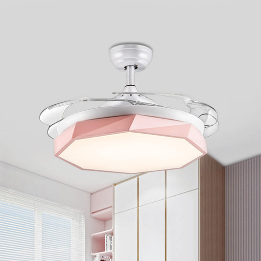 35.5" W Modernist Geometric Semi Flush Lamp LED Acrylic Hanging Pendant Fan Light in Pink with Wall/Remote Control, 4 Blades Pink Clearhalo 'Ceiling Fans with Lights' 'Ceiling Fans' 'Kids Ceiling Fans' 'Kids' Lighting' 398594