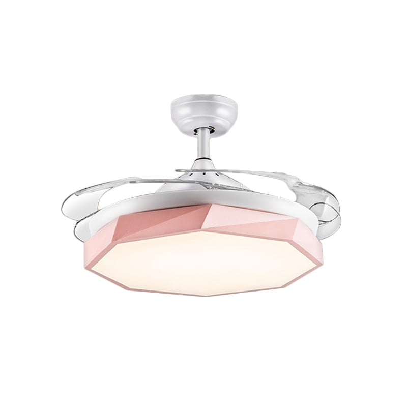 35.5" W Modernist Geometric Semi Flush Lamp LED Acrylic Hanging Pendant Fan Light in Pink with Wall/Remote Control, 4 Blades Clearhalo 'Ceiling Fans with Lights' 'Ceiling Fans' 'Kids Ceiling Fans' 'Kids' Lighting' 398596