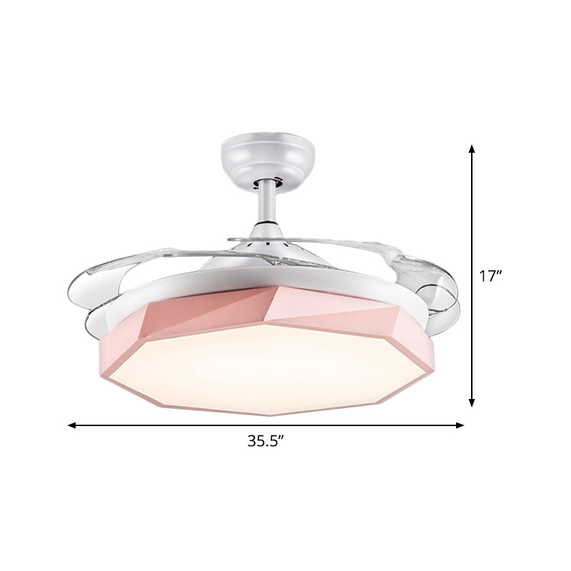 35.5" W Modernist Geometric Semi Flush Lamp LED Acrylic Hanging Pendant Fan Light in Pink with Wall/Remote Control, 4 Blades Clearhalo 'Ceiling Fans with Lights' 'Ceiling Fans' 'Kids Ceiling Fans' 'Kids' Lighting' 398598
