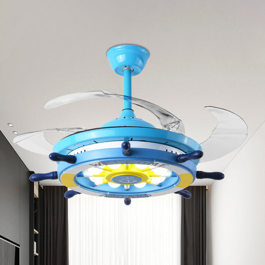 Rudder Bedroom Semi Flush Mounted Light Kids Acrylic Pink/Blue/White LED Hanging Ceiling Fan Lamp with 4 Clear Blades, 42" W Blue Clearhalo 'Ceiling Fans with Lights' 'Ceiling Fans' 'Kids Ceiling Fans' 'Kids' Lighting' 398604