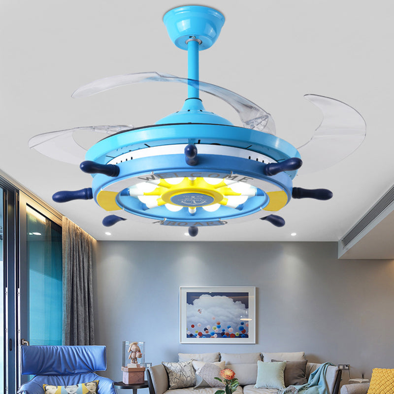 Rudder Bedroom Semi Flush Mounted Light Kids Acrylic Pink/Blue/White LED Hanging Ceiling Fan Lamp with 4 Clear Blades, 42" W Clearhalo 'Ceiling Fans with Lights' 'Ceiling Fans' 'Kids Ceiling Fans' 'Kids' Lighting' 398606
