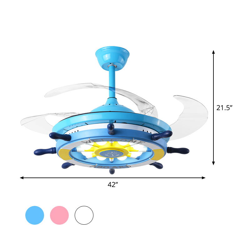 Rudder Bedroom Semi Flush Mounted Light Kids Acrylic Pink/Blue/White LED Hanging Ceiling Fan Lamp with 4 Clear Blades, 42" W Clearhalo 'Ceiling Fans with Lights' 'Ceiling Fans' 'Kids Ceiling Fans' 'Kids' Lighting' 398608