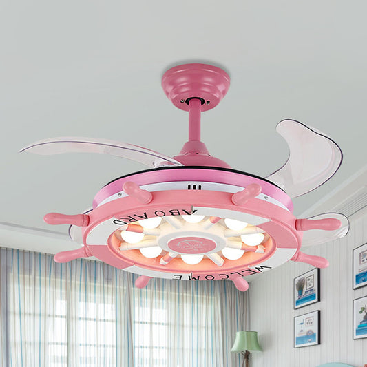 Rudder Bedroom Semi Flush Mounted Light Kids Acrylic Pink/Blue/White LED Hanging Ceiling Fan Lamp with 4 Clear Blades, 42" W Pink Clearhalo 'Ceiling Fans with Lights' 'Ceiling Fans' 'Kids Ceiling Fans' 'Kids' Lighting' 398609