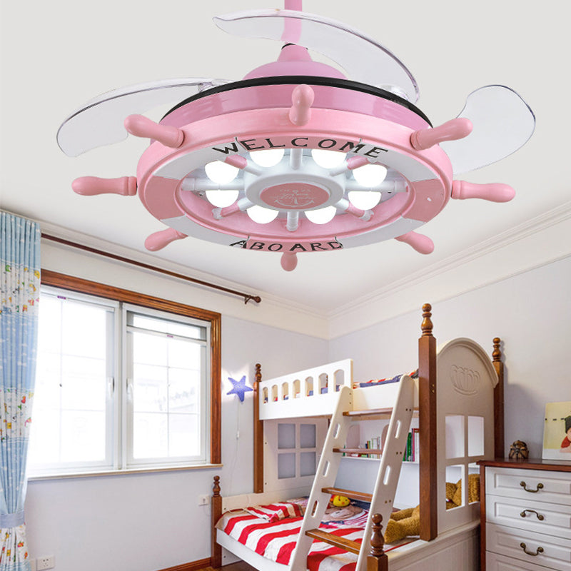 Rudder Bedroom Semi Flush Mounted Light Kids Acrylic Pink/Blue/White LED Hanging Ceiling Fan Lamp with 4 Clear Blades, 42" W Clearhalo 'Ceiling Fans with Lights' 'Ceiling Fans' 'Kids Ceiling Fans' 'Kids' Lighting' 398611